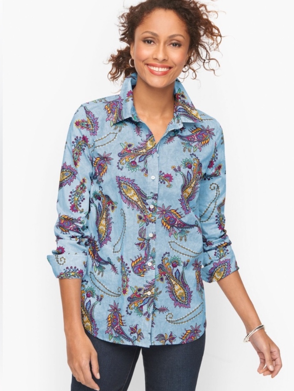Talbots Button Up Shirt Women Plus 2X Blue Swirly Paisley 100% Cotton Casual Top